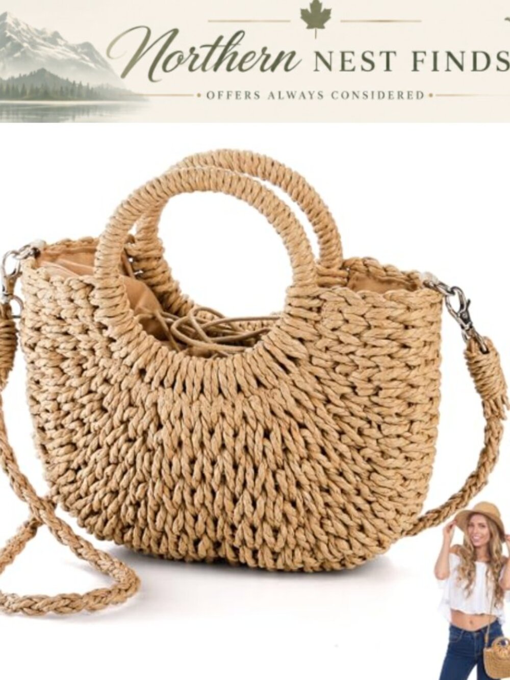Straw Handbag Mini Summer Beach Rattan Tote Woven Semi-Circle Clutch Crossbody